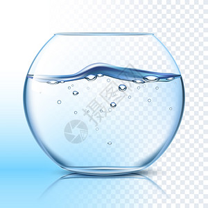 p图素材透明鱼缸与水平象形文字圆形璃鱼缸,干净的水波状表,灰色格子背景蓝色背景矢量插图插画