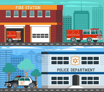 应急部门车辆平横幅局消防站2平水平横幅成与应急车辆抽象孤立矢量插图图片