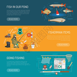 钓鱼横幅钓鱼水平横幅与渔夫项目符号平孤立矢量插图图片