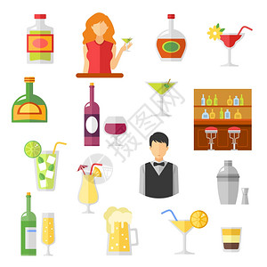 酒与女人素材条形平图标集合酒吧鸡尾酒酒精饮料床与酒吧客户平图标收集抽象孤立矢量插图插画