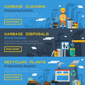 垃圾回收水平横幅垃圾回收平水平横幅员工图标加工厂生产力统计矢量插图图片