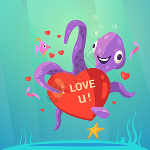 红色章鱼情人节复古漫画情人节复古卡通与可爱的章鱼与红色心脏矢量插图插画