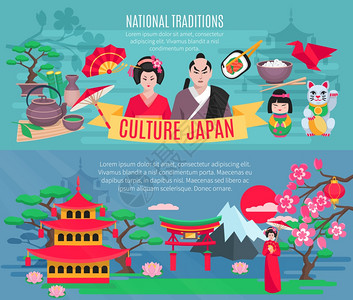 日本文化2横横幅套日本民族符号传统文化信息为游客平横横幅抽象孤立矢量插图背景图片