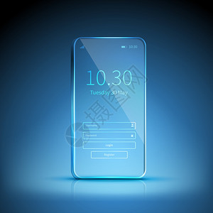 透明智能手机图像蓝色透明智能手机图像闪烁,并等待注册蓝色背景矢量插图图片