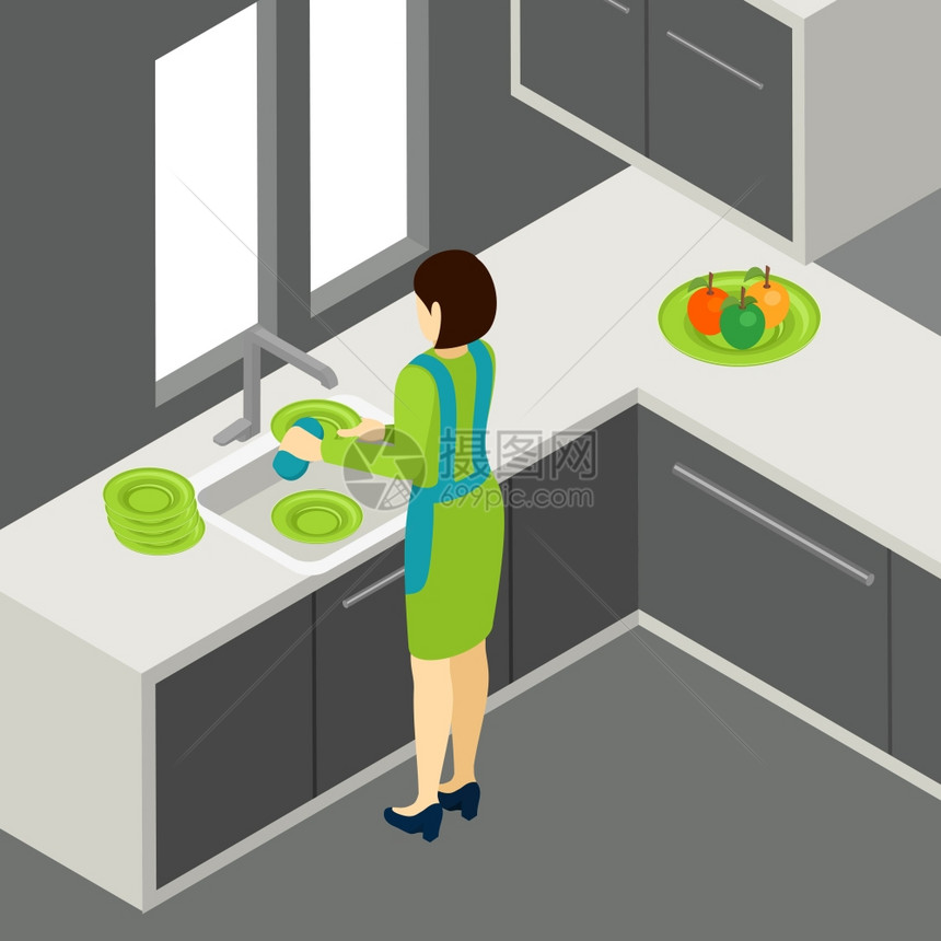 洗盘子插图女人厨房里用窗户等距矢量插图洗碗图片