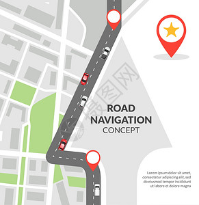 路灯彩平素材道路导航道路导航与城市与引脚道路与汽车平矢量插图插画