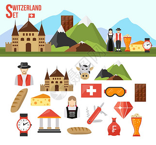瑞士符号瑞士符号了平图标的食品钱人们矢量插图背景图片