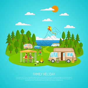 家庭露营插图家庭露营海上与机动家庭森林火灾平矢量插图图片