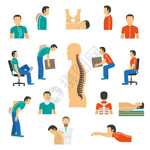 脊柱疾病的诊断治疗平色孤立图标诊断脊柱疾病治疗背痛矢量插图图片