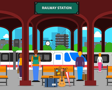 火车站插图火车站机车乘客站台平矢量插图图片