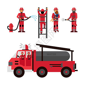 消防员图标装饰图标平颜色图标白色背景与消防车旅隔离矢量插图插画