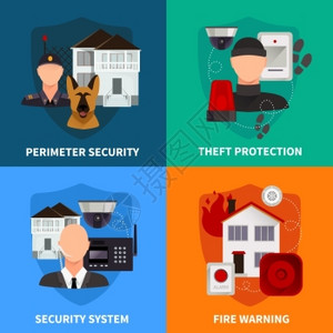 家庭安全2x2集家庭安全2x2平集防盗防火警告电子报警系统矢量插图图片
