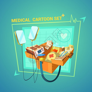 医学卡通集医学卡通集与心脏损伤治疗符号矢量插图图片