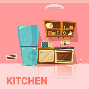 厨房复古厨房复古与冰箱微波炉炊具卡通矢量插图图片