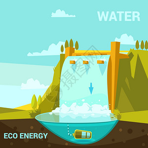 新安江水电站生态能源海报生态能源海报与水电站卡通复古风格矢量插图插画