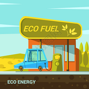 生态能源漫画生态能源卡通海报与生态燃料站复古风格矢量插图图片