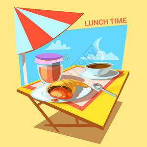 包店卡通插图午餐时间卡通与牛角包烘焙果酱咖啡杯桌子上复古风格矢量插图图片