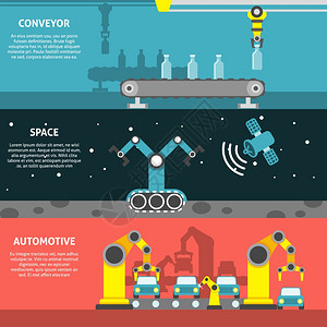 机器人手臂横幅机器人手臂水平横幅与汽车输送机平元件隔离矢量插图图片