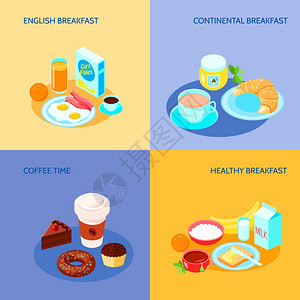 牛奶松饼早餐套餐同变体的早餐图标平横幅与矢量插图插画