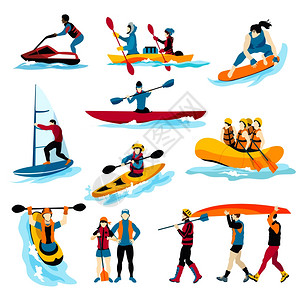 水上皮划艇人们极限水运动颜色图标极限水上运动平颜色图标与人漂流冲浪皮划艇风帆孤立矢量插图插画