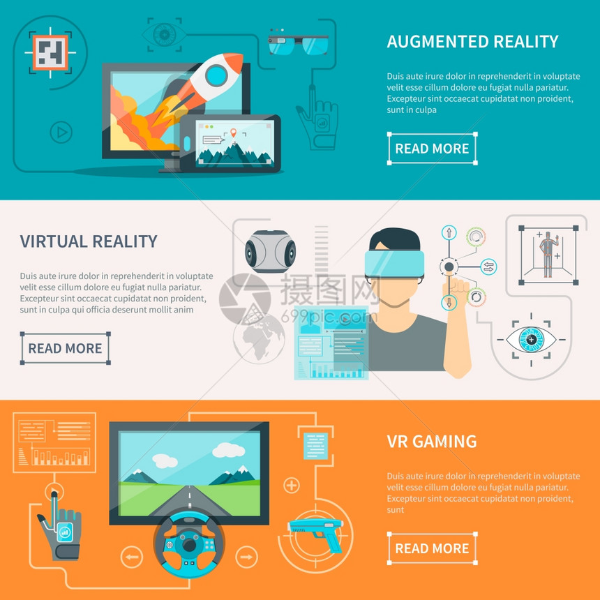 虚拟增强现实水平横幅增强现实电子璃虚拟现实磨损VR游戏与控制器平水平横幅矢量插图图片