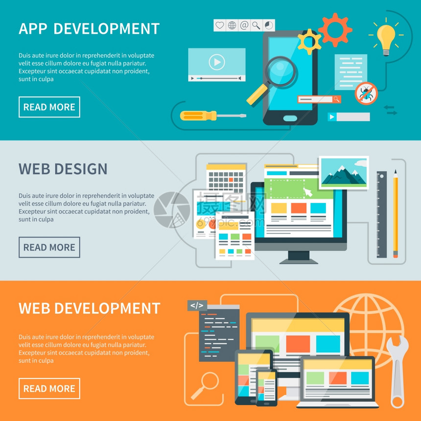 网站开发横幅套三个横向横幅说明了网站开发过程矢量插图的各个方图片