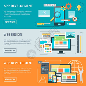 安卓苹果手机网站开发横幅套三个横向横幅说明了网站开发过程矢量插图的各个方插画
