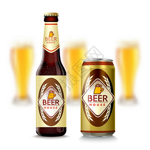 啤酒瓶罐头逼真的璃啤酒瓶锡罐与眼镜背景矢量插图图片