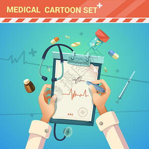 医疗宣传单医学卡通插图药物治疗与医生写个处方卡通矢量插图插画