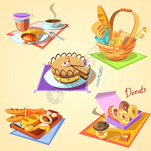 麦芬蛋糕包店卡通套装烘焙卡通集复古风格甜食孤立矢量插图插画