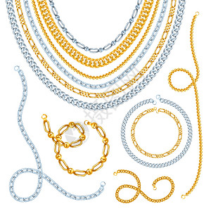 金色银色的链子金银链,项链手镯与扣,现实的孤立矢量插图图片