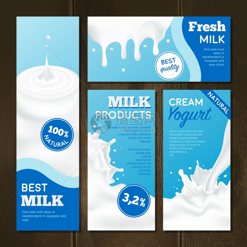 奶制品横幅牛奶产品逼真的横幅与飞溅木制背景隔离矢量插图图片