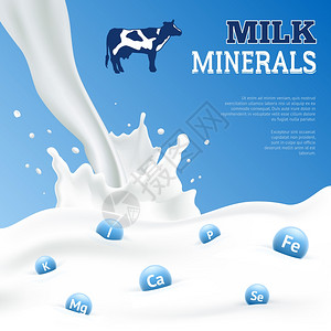 牛奶矿物质海报牛奶矿物现实海报与奶牛蓝色背景矢量插图背景图片