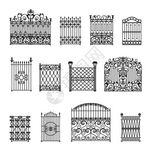 铁大门装饰围栏装饰黑白栅栏与门平隔离矢量插图插画
