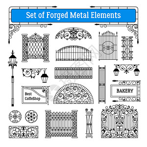 金属栅栏锻造金属元素集锻造金属元素黑白与大门路灯平隔离矢量插图插画
