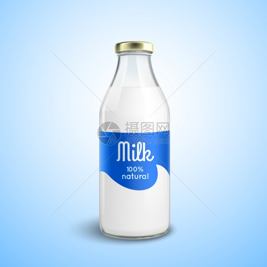 封闭的牛奶瓶封闭的传统璃瓶天然牛奶与光泽帽隔离矢量插图图片