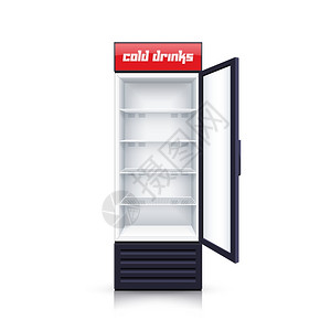 断路器空开冰箱空开现实插图现代垂直冰箱与开放透明前板冷却饮料现实背景隔离矢量插图插画