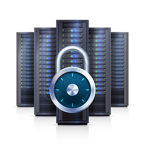 数据额保护服务器机架锁现实隔离插图计算机服务器机架与安全锁符号黑色白色背景现实矢量插图插画