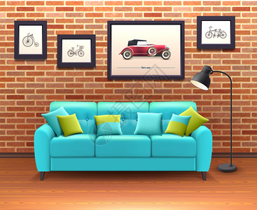 人造革内部与沙发现实插图充满活力的绿松石沙发与装饰枕头带来颜色客厅砖墙内部现实的矢量插图插画
