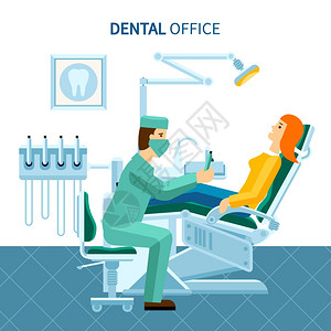 牙科办公室海报牙科办公室的病人牙科椅医生工作平海报矢量插图插画