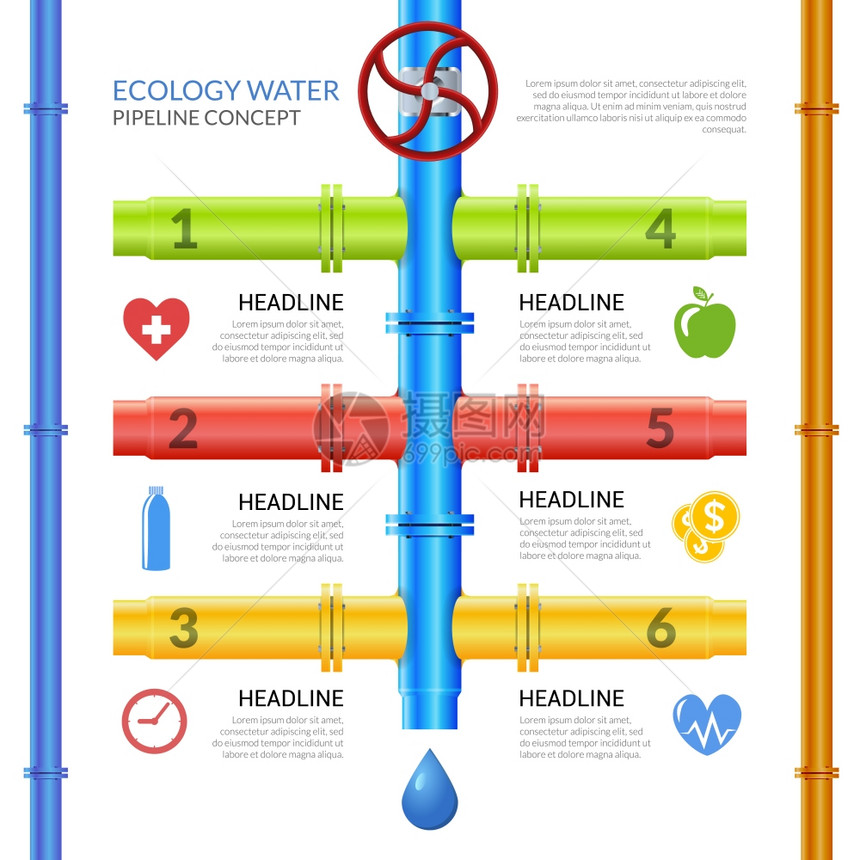 生态水管道信息图生态输水管道信息模板与管道阀门工艺信息矢量图图片