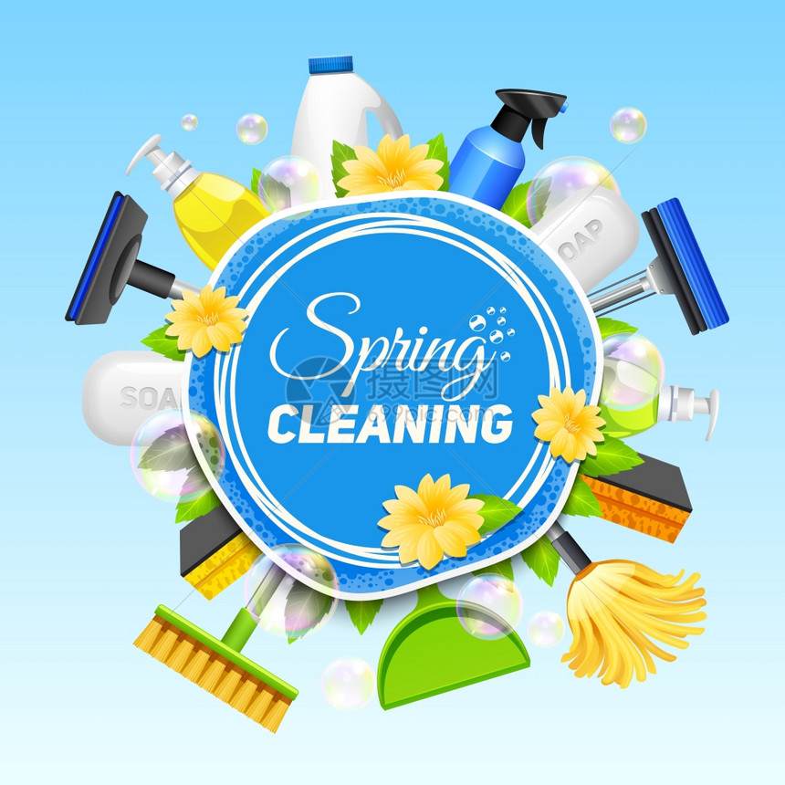 清洁服务海报海报与同的工具成的清洁服务彩色蓝色背景矢量插图图片