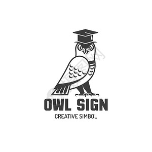 教育品牌猫头鹰平标志黑白标志的猫头鹰方形学术帽创意simbol平矢量插图插画