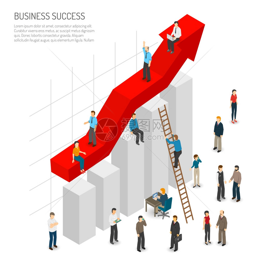商业成功人士海报商业成功海报的抽象图与红色箭头增长周围的人等距矢量插图图片