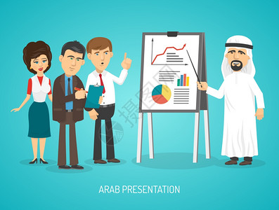 卡塔尔阿拉伯演讲海报阿拉伯传统阿拉伯服装演示与挂图给欧洲人民卡通海报矢量插图插画