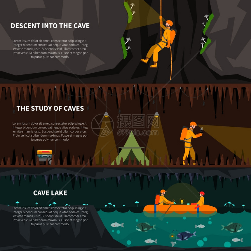 洞穴平横幅中的斯派莱学家地质学家深入洞穴3平横幅湖泊滴水石黑暗抽象孤立矢量插图图片
