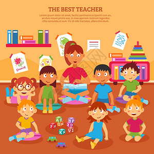 儿童教师海报轻的幼儿园教师课堂上给级的孩子阅读矢量插图图片