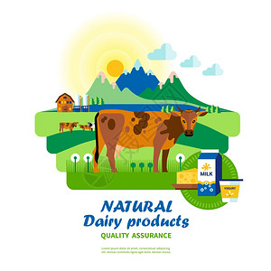 新鲜牛眼肉天然乳制品质量保证天然乳制品质量保证与奶牛牧场中心的场景矢量插图插画