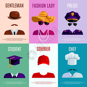 带帽子的迷你海报平迷你海报套绅士女警学生快递厨师帽配件矢量插图背景图片
