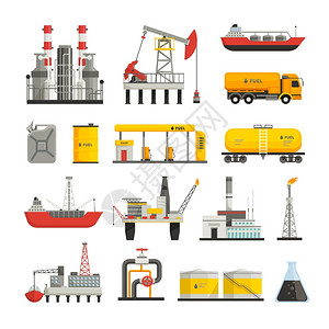 终端图标石油汽油行业图标同运输结构工厂的石油石油工业平图标矢量插图插画